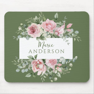 Blush Pink Rose Custom Name Mouse Pad