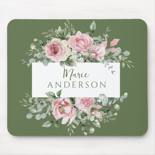 Blush Pink Rose Custom Name Mouse Pad (Front)
