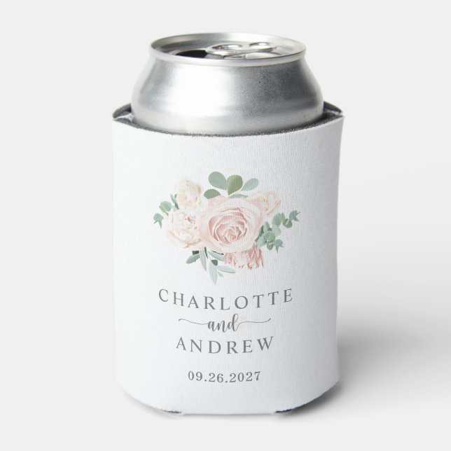 Blush Pink Rose Eucalyptus Wedding Favour Can Cooler (Can Front)