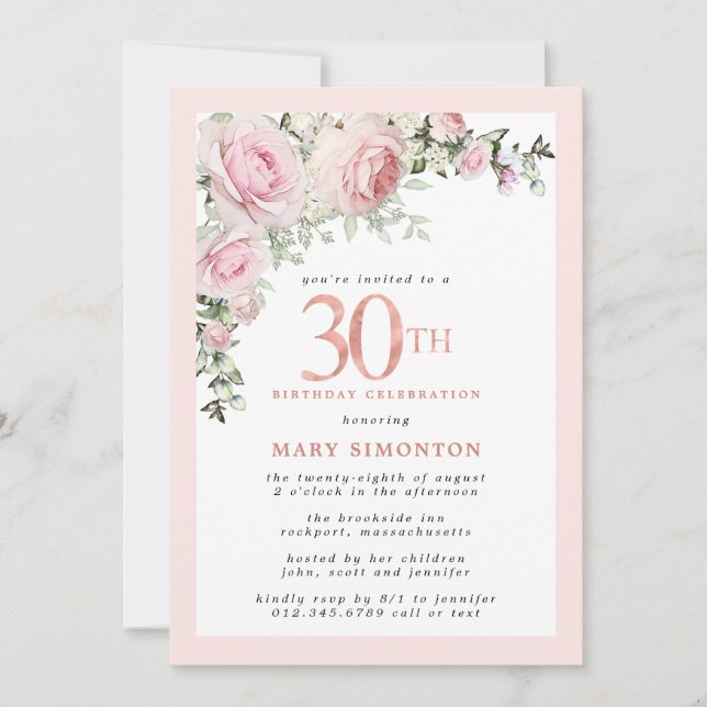 Blush Pink Rose Floral 30th Birthday Party Invitation (Front)