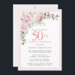 Blush Pink Rose Floral 50th Birthday Party Invitation<br><div class="desc">Honour a special woman with this elegant and feminine 50th Birthday party invitation. 50th is written in large pink text. Birthday celebration follows. The honoured guest's name is also in pink capital letters. Blush pink roses and sage green leaves create a beautiful floral spray at the top. While it is...</div>
