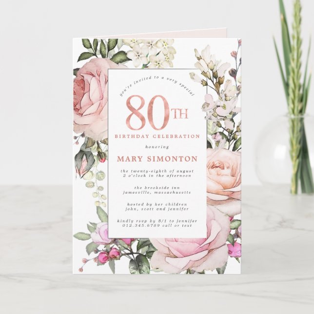 Blush Pink Rose Floral 80th Birthday Party Invitation (Front)