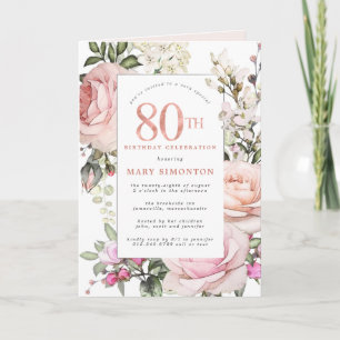 Blush Pink Rose Floral 80th Birthday Party Invitation