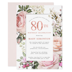 Blush Pink Rose Floral 80th Birthday Party Invitation
