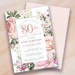 Blush Pink Rose Floral 80th Birthday Party Invitation<br><div class="desc">Honor a special woman with this elegant and feminine 80th Birthday party invitation. 80th is written in large rose pink text. Birthday celebration follows. The honored guest's name is also in pink capital letters. The remainder of the text is soft dove gray. The 80th birthday celebration details are surrounded by...</div>