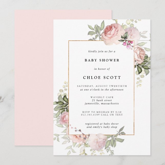 Blush Pink Rose Floral Baby Shower Invitation (Front/Back)