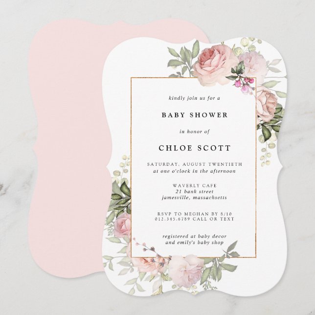 Blush Pink Rose Floral Baby Shower Invitation (Front/Back)