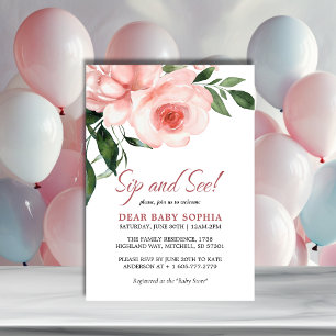 Blush Pink Rose Floral Baby Shower Sip and See Invitation