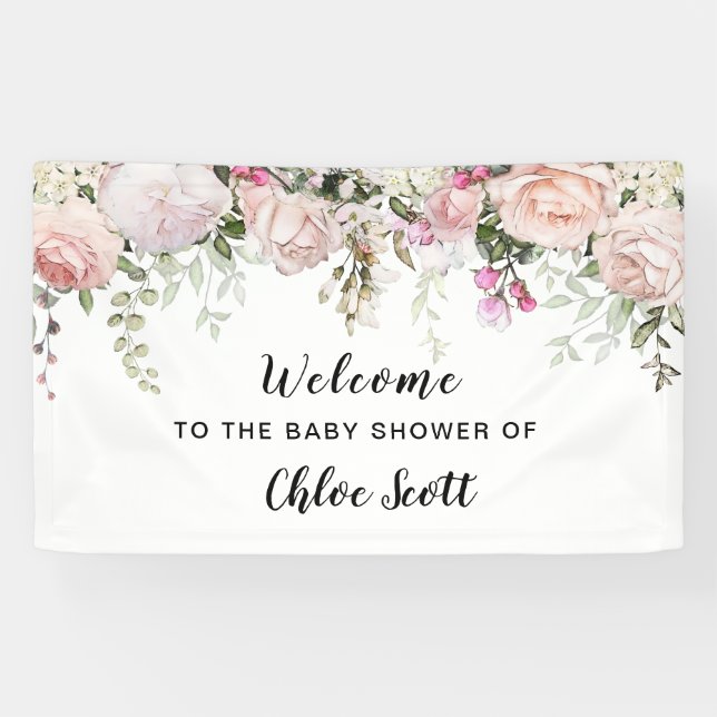 Blush Pink Rose Floral Baby Shower Welcome Banner (Horizontal)