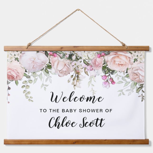 Blush Pink Rose Floral Baby Shower Welcome Hanging Tapestry (Front)