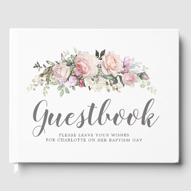 Blush Pink Rose Floral Baptism Guest Book (Front)