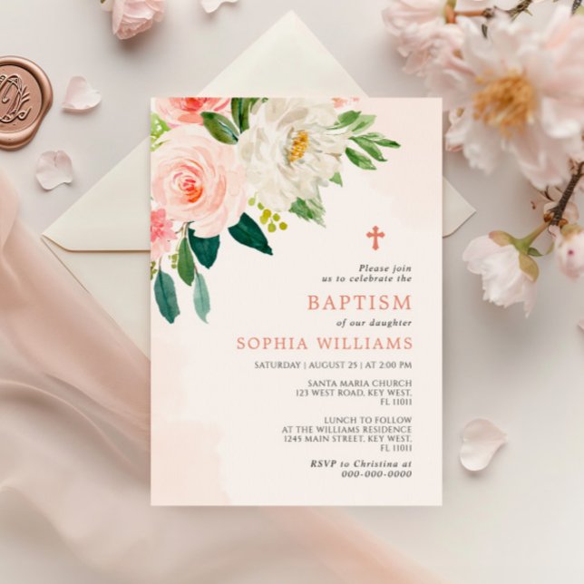 Blush Pink Rose Floral Baptism Invitation (Creator Uploaded)