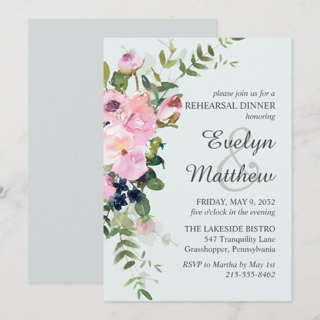 Blush Pink Rose Floral Bouquet Blue Rehearsal Invitation (Front/Back)
