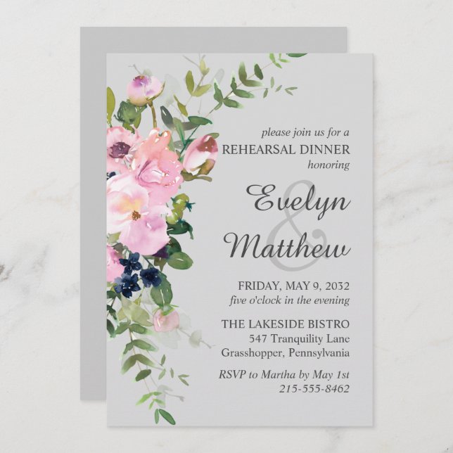 Blush Pink Rose Floral Bouquet Grey Rehearsal Invitation (Front/Back)