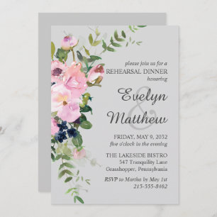 Blush Pink Rose Floral Bouquet Grey Rehearsal Invitation