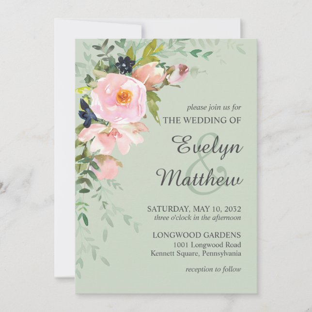 Blush Pink Rose Floral Bouquet on Sage Wedding Invitation (Front)