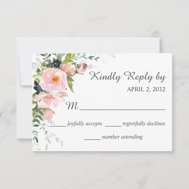  Blush Pink Rose Floral Bouquet Wedding RSVP Card (Front)