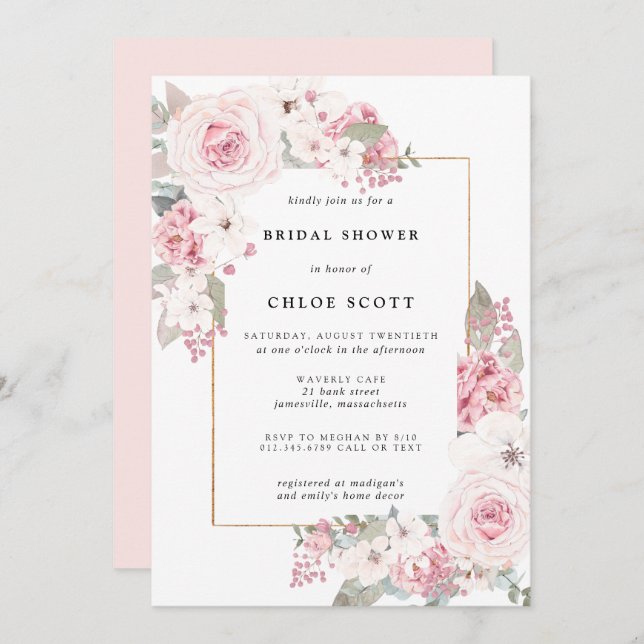 Blush Pink Rose Floral Bridal Shower Invitation (Front/Back)