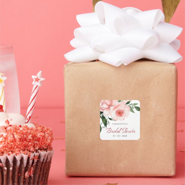 Blush Pink Rose Floral Bridal Shower Square Sticker (Party)