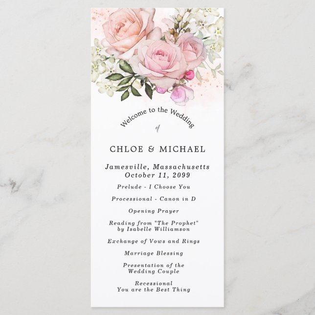 Blush Pink Rose Floral DIY Wedding Program (Front)