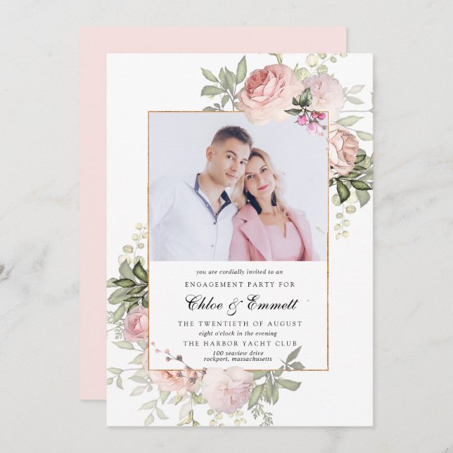 Blush Pink Rose Floral Engagement Party Photo Invitation (Front/Back)
