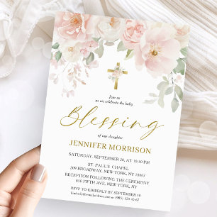 Blush Pink Rose Floral Feminine Girl Blessing Invitation