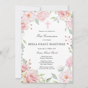 Blush Pink Rose Floral First Communion Invitation