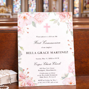 Blush Pink Rose Floral First Communion Invitation