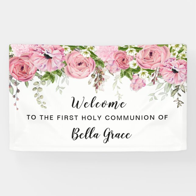 Blush Pink Rose Floral First Communion Welcome Ban Banner (Horizontal)