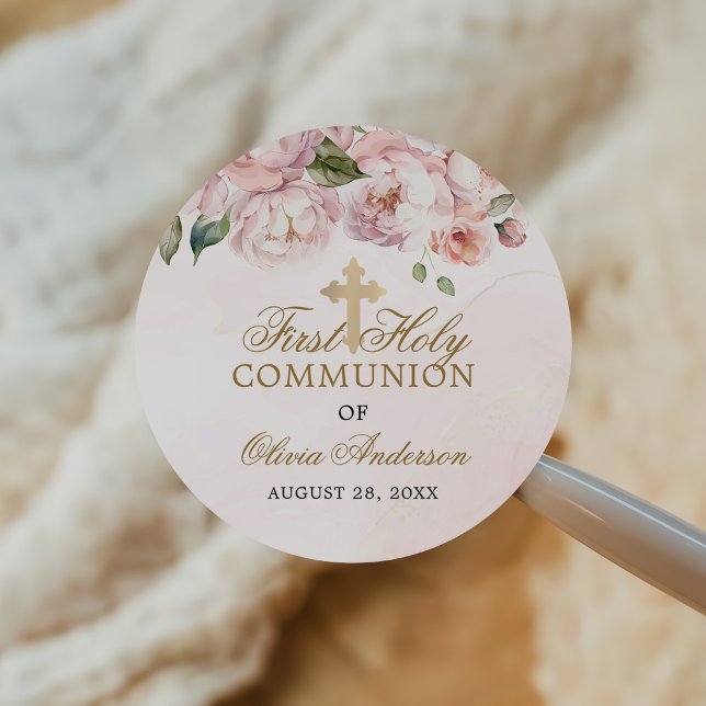 Blush Pink Rose Floral First Holy Communion Classic Round Sticker (Creator Uploaded)