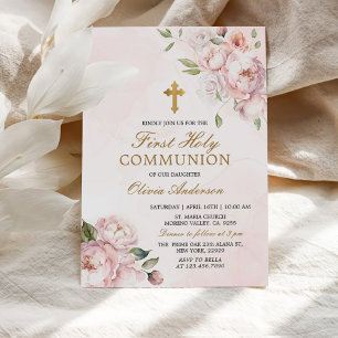Blush Pink Rose Floral First Holy Communion Invitation