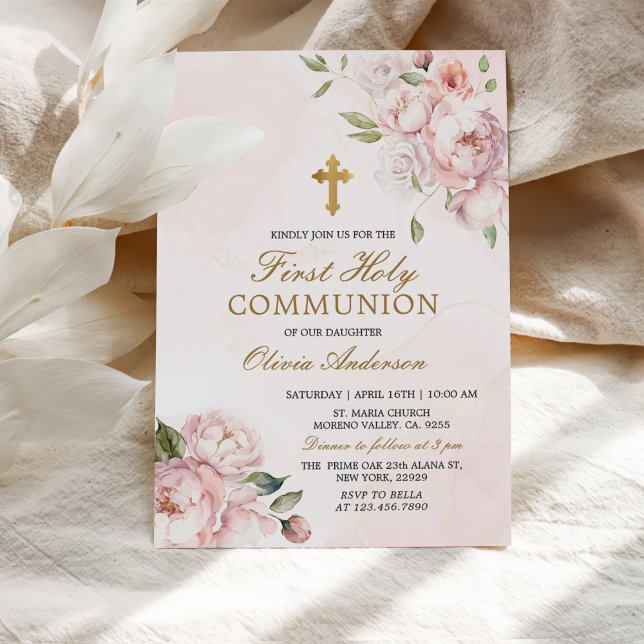 Blush Pink Rose Floral First Holy Communion Invitation (Creator Uploaded)