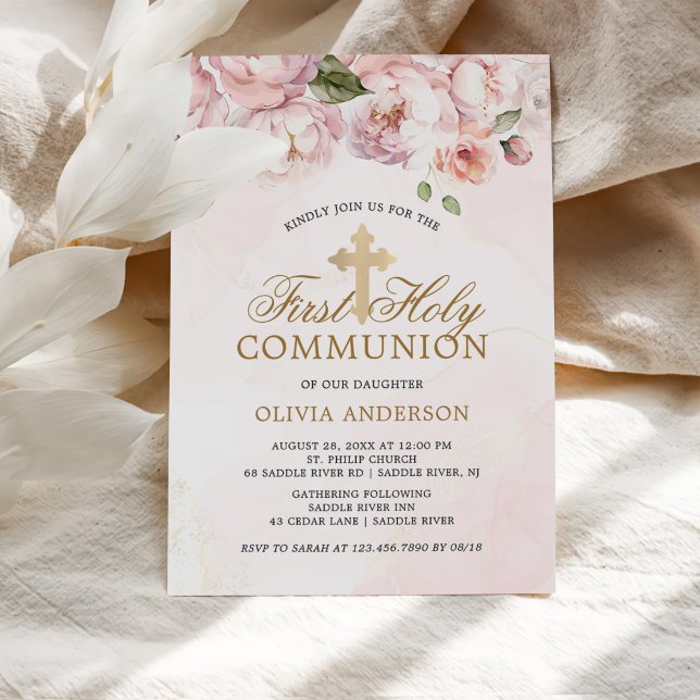 Blush Pink Rose Floral First Holy Communion Invitation (Creator Uploaded)