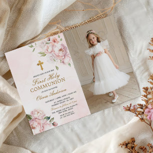 Blush Pink Rose Floral First Holy Communion Photo Invitation