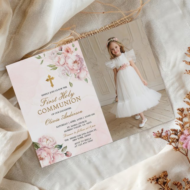 Blush Pink Rose Floral First Holy Communion Photo Invitation (Creator Uploaded)