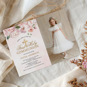 Blush Pink Rose Floral First Holy Communion Photo Invitation