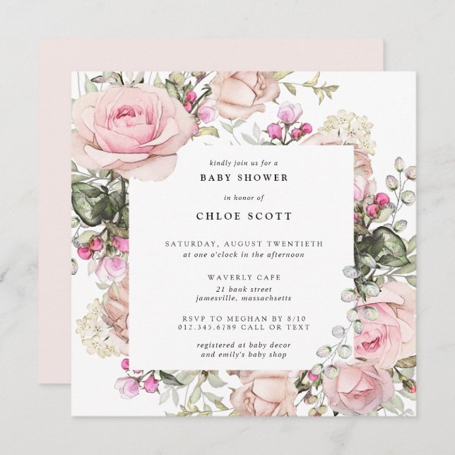 Blush Pink Rose Floral Girl Baby Shower Invitation (Front/Back)