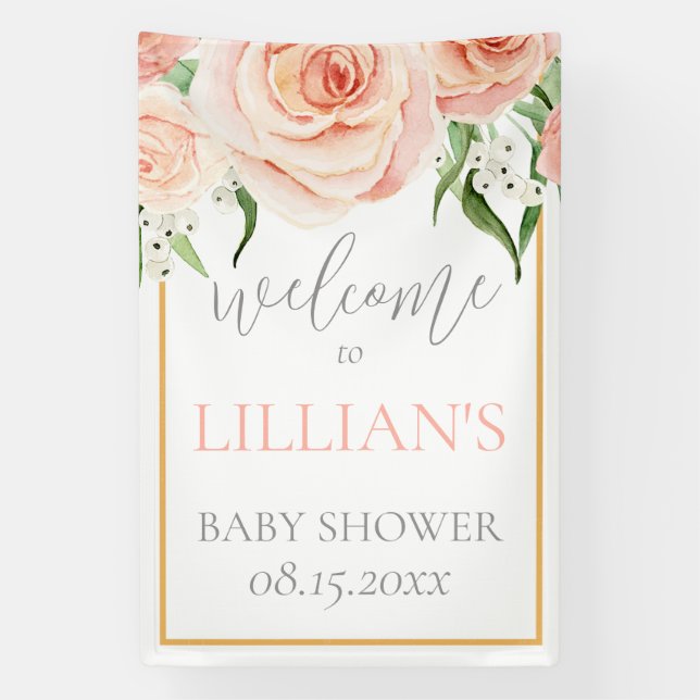 Blush Pink Rose Floral Girl Baby Shower Welcome Banner (Vertical)