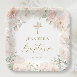 Blush Pink Rose Floral Girl Baptism Square Paper Plate