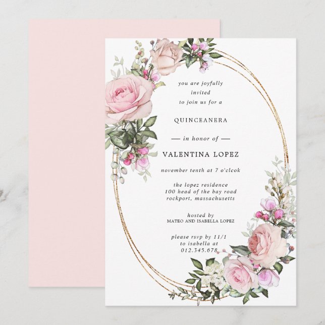 Blush Pink Rose Floral Gold Quinceanera Invitation (Front/Back)