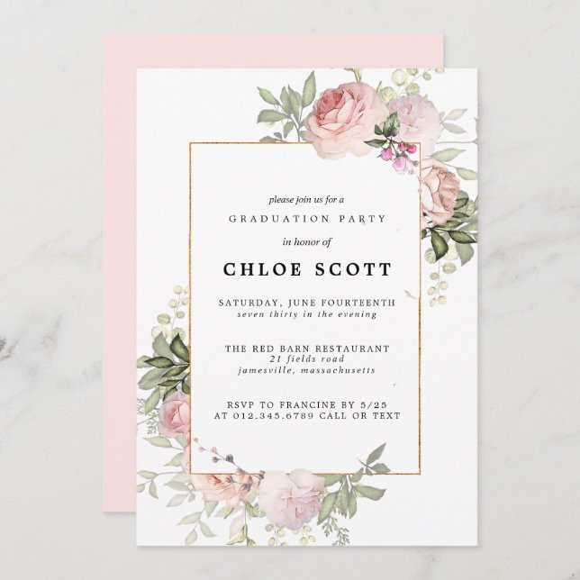 Blush Pink Rose Floral Graduation Invitation (Front/Back)