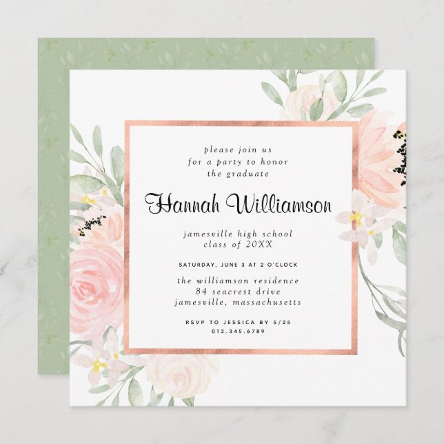 Blush Pink Rose Floral Graduation Party Invitation (Front/Back)