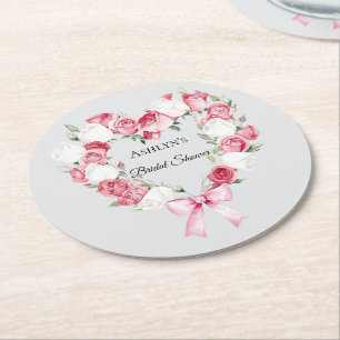 Blush Pink Rose Floral Heart Bridal Shower Round Paper Coaster