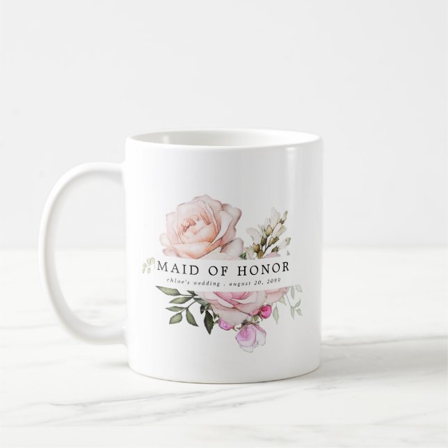 Blush Pink Rose Floral Maid of Honour Coffee Mug (Left)