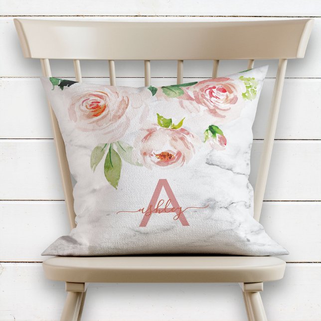 Blush Pink Rose Floral Marble Name Monogram Cushion (Creator Uploaded)