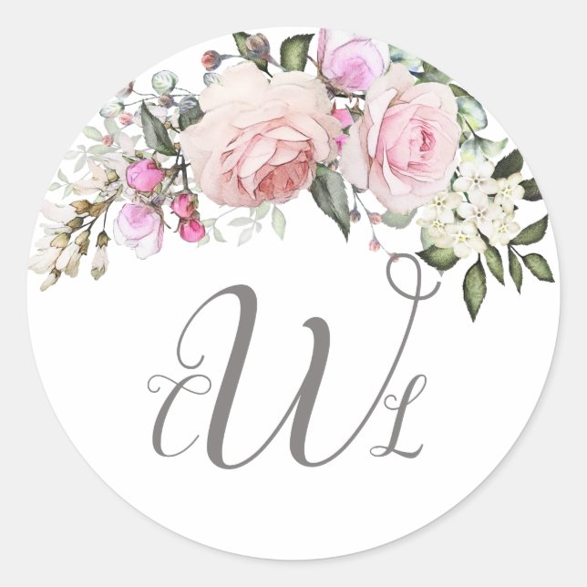 Blush Pink Rose Floral Monogram Classic Round Stic Classic Round Sticker (Front)