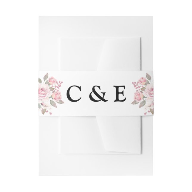 Blush Pink Rose Floral Monogram Invitation Belly Band (Front Example)
