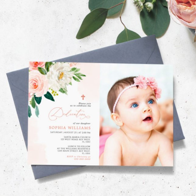 Blush Pink Rose Floral Photo Girl Dedication Invitation (Creator Uploaded)