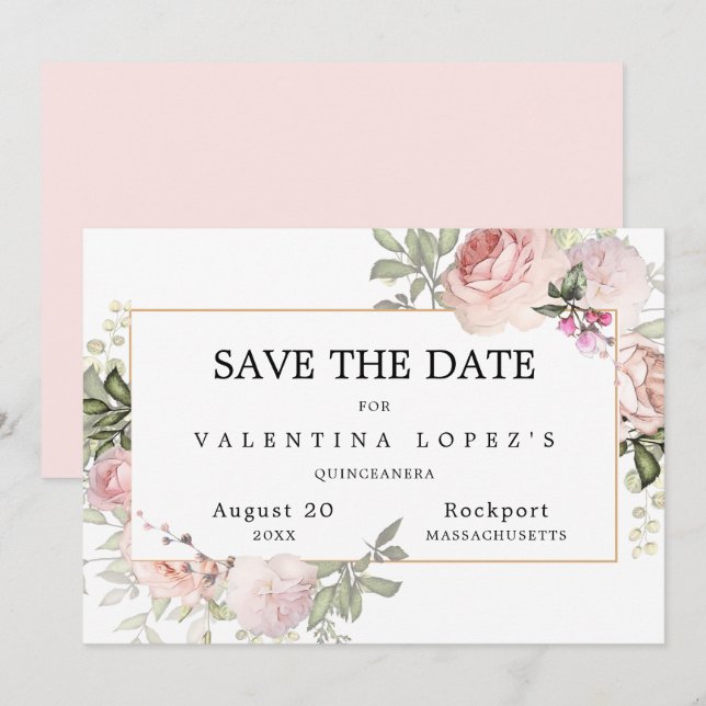 Blush Pink Rose Floral Quinceanera Save The Date (Front/Back)