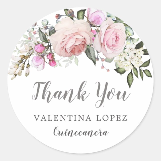 Blush Pink Rose Floral Quinceanera Thank You Classic Round Sticker (Front)